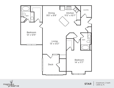 Floor plan for 2 beds, 2 baths, 1208 sqft